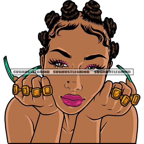 Smile Face African American Woman Showing On His Finger Nail Afro Woman Hand Long Nail Afro Hairstyle Melanin Woman Face SVG JPG PNG Vector Clipart Cricut Silhouette Cut Cutting