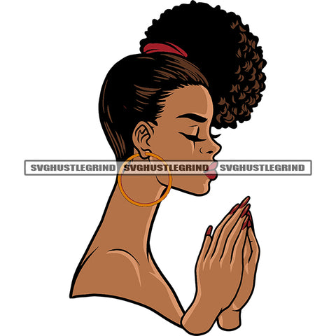 Hard Praying Hand Afro Woman Praying Pose African American Woman Wearing Hoop Earing Close Eyes Design Element SVG JPG PNG Vector Clipart Cricut Silhouette Cut Cutting