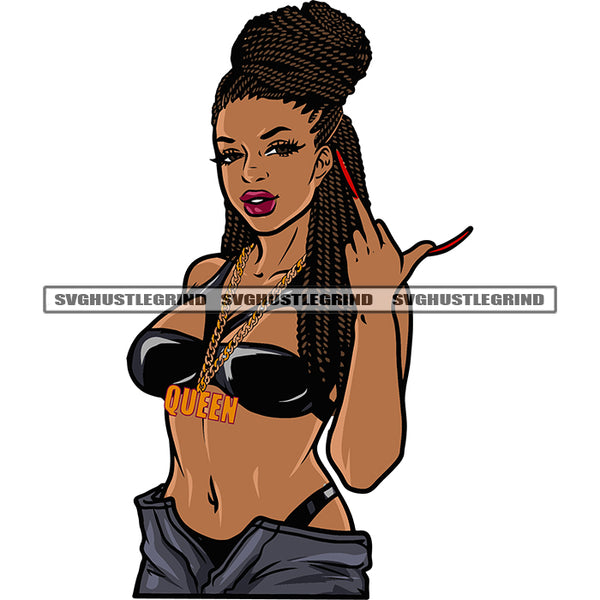 Gangster African American Woman Showing Middle Finger Afro Woman Smile Face Locus Hairstyle Wearing Sexy Dress White Background SVG JPG PNG Vector Clipart Cricut Silhouette Cut Cutting