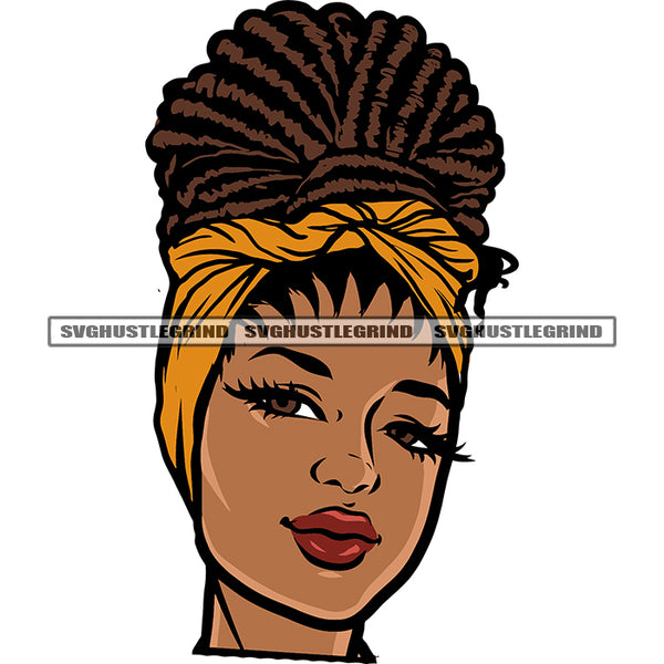 Gangster African American Woman Face Design Element Smile Face Locus Hairstyle Cute Face White Background Wearing Hair Band SVG JPG PNG Vector Clipart Cricut Silhouette Cut Cutting