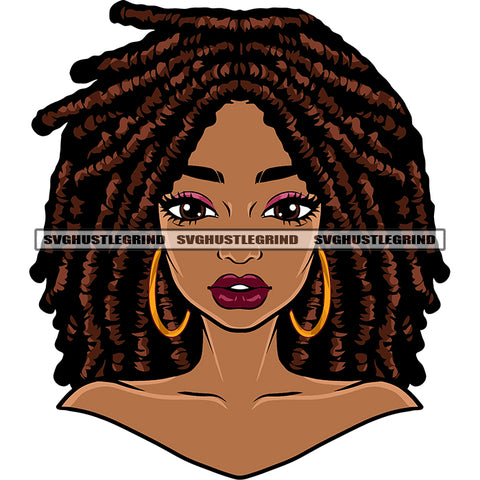 Gangster African American Girls Face Design Element Wearing Hoop Earing Locus Hairstyle Afro Girls Cute Face White Background SVG JPG PNG Vector Clipart Cricut Silhouette Cut Cutting