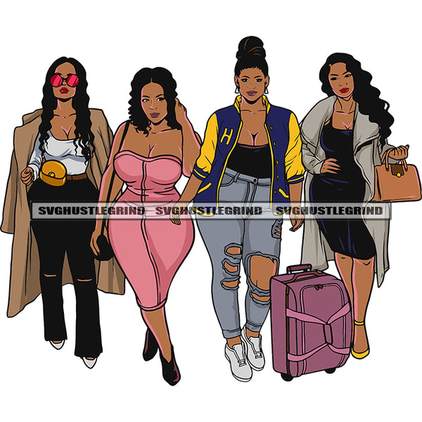 Plus Size Woman African American Traveling Squad Locus And Curly Hairstyle Traveling Bag On Side Wearing Sunglass Design Element White Background SVG JPG PNG Vector Clipart Cricut Silhouette Cut Cutting