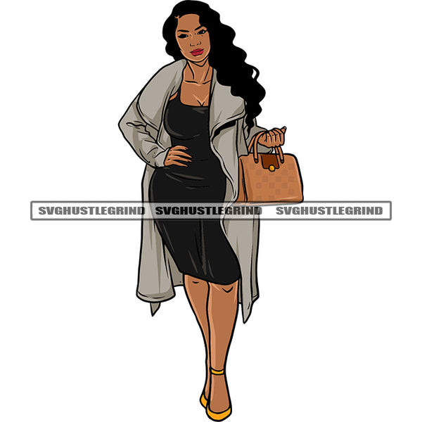 African American Gangster Woman Standing And Hand Holding Bag Curly Long Hairstyle Afro Woman Smile Face SVG JPG PNG Vector Clipart Cricut Silhouette Cut Cutting