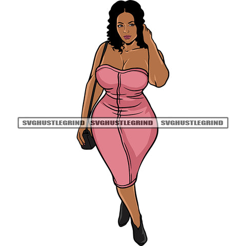 Gangster African American Woman Standing Model Pose Curly Long Hairstyle Design Element White Background Plus Size Woman SVG JPG PNG Vector Clipart Cricut Silhouette Cut Cutting