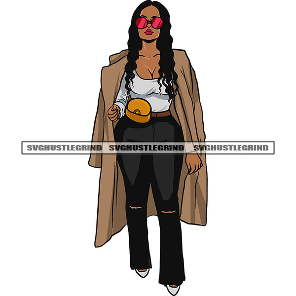 Gangster African American Woman Wearing Sunglass And Coat Design Element Curly Long Hairstyle White Background SVG JPG PNG Vector Clipart Cricut Silhouette Cut Cutting