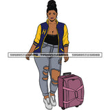 Smile Face Traveling Buddy African American Woman Standing And Trolly Bag On Side Afro Short Hairstyle Design Element SVG JPG PNG Vector Clipart Cricut Silhouette Cut Cutting