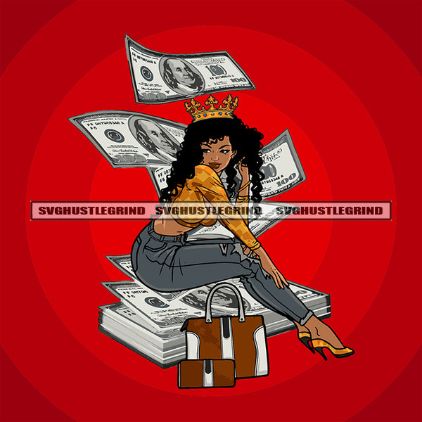 Gangster African American Girls Sitting On Money Briefcase Curly Hairstyle Crown On Head Design Element Red Color Background SVG JPG PNG Vector Clipart Cricut Silhouette Cut Cutting