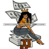 Gangster African American Girls Sitting On Money Briefcase Curly Hairstyle Crown On Head Design Element White Color Background SVG JPG PNG Vector Clipart Cricut Silhouette Cut Cutting