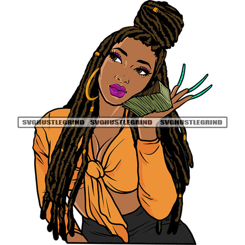 Gangster African American Woman Hand Holding Money Bundle And Long Nail Locus Hairstyle Design Element Hoop Earing SVG JPG PNG Vector Clipart Cricut Silhouette Cut Cutting