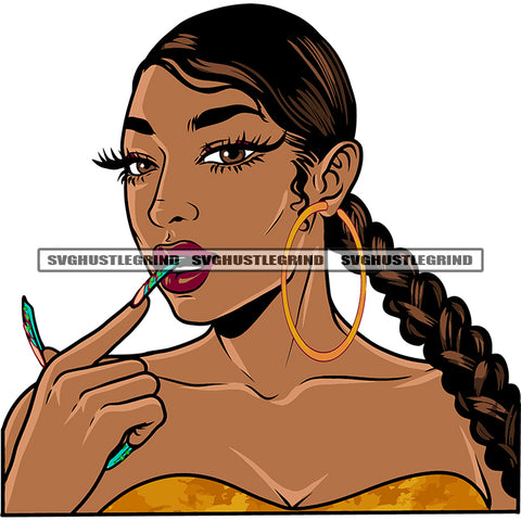 Beautiful Woman Smile Face Bite On His Long Nail African American Woman Cute Face Wearing Hoop Earing Design Element SVG JPG PNG Vector Clipart Cricut Silhouette Cut Cutting