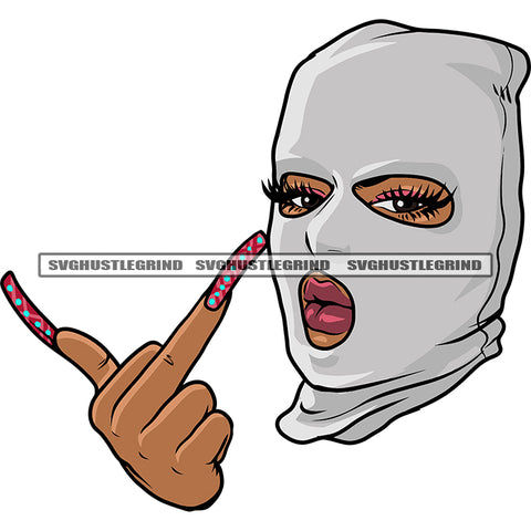 Gangster African American Woman Showing Middle Finger Ski Mask Vector Design Element Afro Woman Cute Face SVG JPG PNG Vector Clipart Cricut Silhouette Cut Cutting