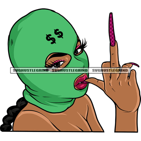 Dollar Sign On Ski Mask African American Woman Wearing Ski Mask And Showing Middle Finger Long Nail Design Element SVG JPG PNG Vector Clipart Cricut Silhouette Cut Cutting