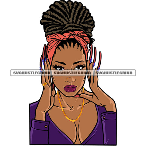 African American Woman Hand Holding His Head Long Nail Locus Hair Style Design Element Afro Woman Sexy Pose SVG JPG PNG Vector Clipart Cricut Silhouette Cut Cutting