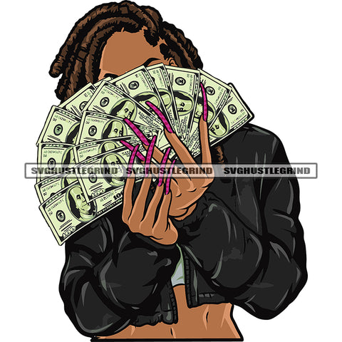 Gangster African American Woman Hide Face On Money Afro Sexy Pose Design Element Locus Hairstyle SVG JPG PNG Vector Clipart Cricut Silhouette Cut Cutting