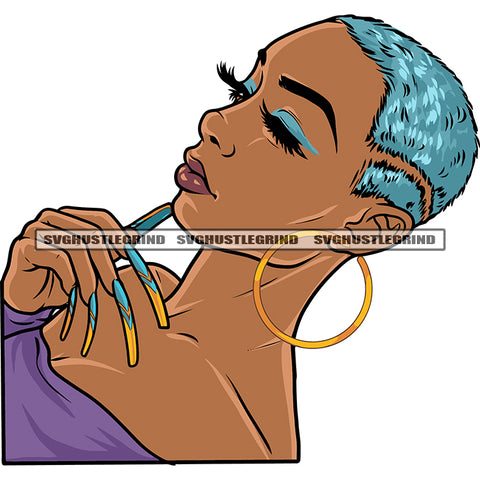 Melanin Woman Showing His Long Nail Wearing Hoop Earing Colorful Hair Design Element White Background SVG JPG PNG Vector Clipart Cricut Silhouette Cut Cutting