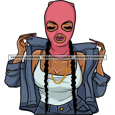Gangster Woman Hand Holding His Shirt African America Woman Wearing Ski Mask Vector Close Eyes Long Nail Design Element SVG JPG PNG Vector Clipart Cricut Silhouette Cut Cutting