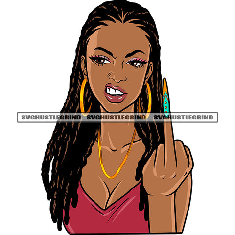 Gangster African American Woman Angry Face Long Nail Locus Hairstyle Locus Long Hairstyle Design Element Wearing Hoop Earing SVG JPG PNG Vector Clipart Cricut Silhouette Cut Cutting