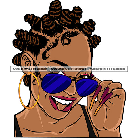 Smile Face African American Woman Wearing Hoop Earing And Sunglass Afro Woman Long Nail Design Element White Background SVG JPG PNG Vector Clipart Cricut Silhouette Cut Cutting