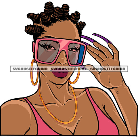Gangster African American Woman Wearing Sunglass And Hoop Earing Long Nail Afro Hairstyle Smile Face Design Element SVG JPG PNG Vector Clipart Cricut Silhouette Cut Cutting