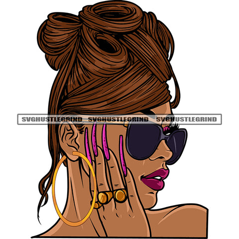 Afro Woman Side Face Wearing Hoop Earing Design Element African American Woman Long Nail Afro Hairstyle SVG JPG PNG Vector Clipart Cricut Silhouette Cut Cutting