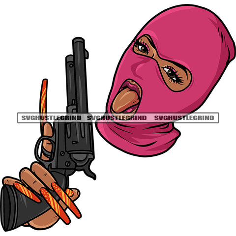 Gangster African American Woman Hand Holding Gun Afro Woman Long Nail Wearing Ski Mask Tongue Out Of Mouth Design Element White Background SVG JPG PNG Vector Clipart Cricut Silhouette Cut Cutting