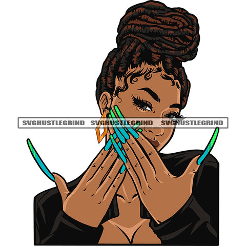 Gangster African American Woman Showing Long Nail Colorful Nail Hide Face Design Element Locus Hairstyle White Background SVG JPG PNG Vector Clipart Cricut Silhouette Cut Cutting
