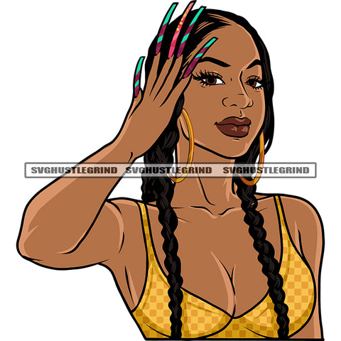 Gangster African American Woman Sexy Pose Wearing Hoop Earing Long Nail Design Element And Sexy Dress Smile Face Long Nail SVG JPG PNG Vector Clipart Cricut Silhouette Cut Cutting