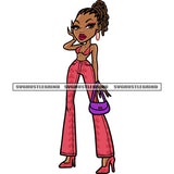 Funny Cartoon Character Standing Design Element Afro Woman Holding Hand Bag Smile Face Wearing Hoop Earing Locus Hairstyle SVG JPG PNG Vector Clipart Cricut Silhouette Cut Cutting