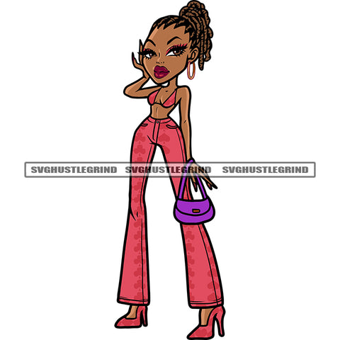 Funny Cartoon Character Standing Design Element Afro Woman Holding Hand Bag Smile Face Wearing Hoop Earing Locus Hairstyle SVG JPG PNG Vector Clipart Cricut Silhouette Cut Cutting