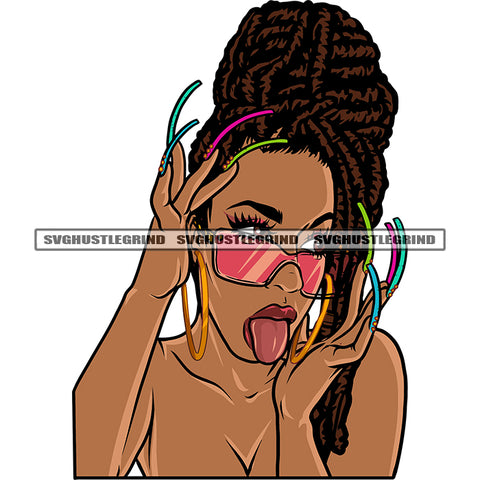 Sexy African American Woman Hand Holding Sunglass And Showing Long Nail Tongue Locus Hairstyle Design Element SVG JPG PNG Vector Clipart Cricut Silhouette Cut Cutting