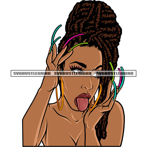 Sexy African American Woman Hand Head And Showing Long Nail Tongue Locus Hairstyle Design Element SVG JPG PNG Vector Clipart Cricut Silhouette Cut Cutting
