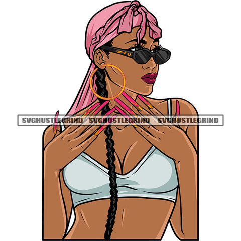 Sexy Woman Wearing Sunglass And Hoop Earing Head Scarf Showing Long Nail African American Gangster Woman SVG JPG PNG Vector Clipart Cricut Silhouette Cut Cutting