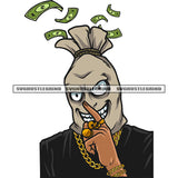 Money Bag Cartoon Character Showing Keep Silent Pose Smile Face And Wearing Gold Chain And Ring Design Element SVG JPG PNG Vector Clipart Cricut Silhouette Cut Cutting