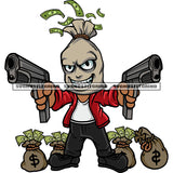 Smile Face Gangster Money Bag Cartoon Character Hand Holding Gun And Money Bag On Floor Design Element SVG JPG PNG Vector Clipart Cricut Silhouette Cut Cutting