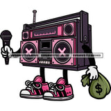 Funny Radio Or Music Box Cartoon Character Hand Holding Mic And Money Bag Design Element White Background Radio Character Standing SVG JPG PNG Vector Clipart Cricut Silhouette Cut Cutting