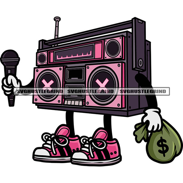 Funny Radio Or Music Box Cartoon Character Hand Holding Mic And Money Bag Design Element White Background Radio Character Standing SVG JPG PNG Vector Clipart Cricut Silhouette Cut Cutting