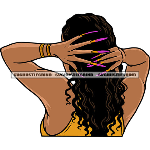 Curly Long Hairstyle African American Woman Backside Design Element Afro Woman Hide Face Showing Long Nail SVG JPG PNG Vector Clipart Cricut Silhouette Cut Cutting