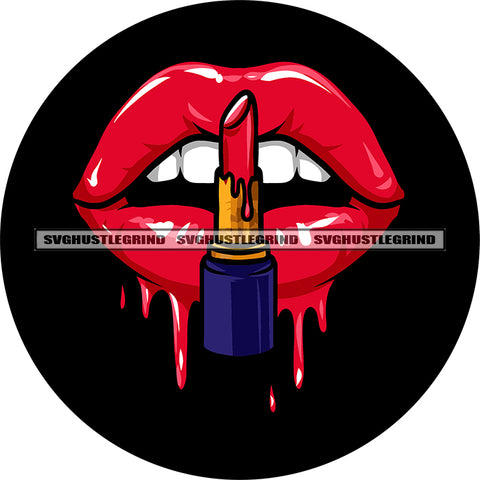 African American Woman Lip and Lipstick Symbol On Black Color Circle Red Color Dripping Design Element SVG JPG PNG Vector Clipart Cricut Silhouette Cut Cutting