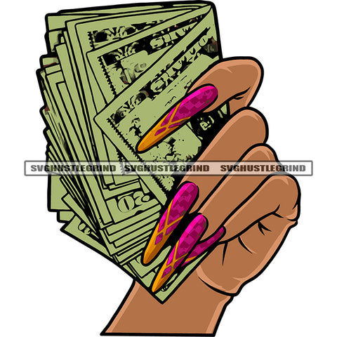 Woman Hand Holding Money Note And Showing Long Nail Design Element African American Woman Long Nail White Background SVG JPG PNG Vector Clipart Cricut Silhouette Cut Cutting