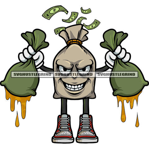 Funny Money Bag Cartoon Character Hand Holding Money Bag Color Dripping Design Element Cartoon Smile Face SVG JPG PNG Vector Clipart Cricut Silhouette Cut Cutting