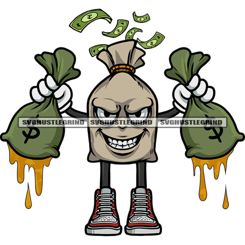 Money Dripping Funny Money Bag Cartoon Character Hand Holding Money Bag Color Dripping Design Element Cartoon Smile Face SVG JPG PNG Vector Clipart Cricut Silhouette Cut Cutting