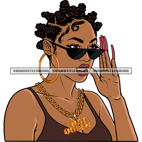 Trap Queen Quote Locket Gangster African American Woman Hand Holding Sunglass Wearing Hoop Earing Afro Hairstyle Design Element SVG JPG PNG Vector Clipart Cricut Silhouette Cut Cutting