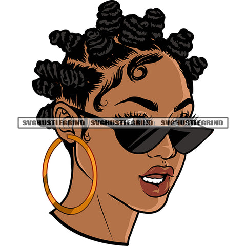 Gangster African American Woman Smile Face And Wearing Hoop Earing Sunglass Design Element Afro Hairstyle White Background SVG JPG PNG Vector Clipart Cricut Silhouette Cut Cutting