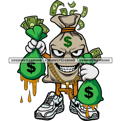 Gangster Funny Cartoon Character Hand Holding Double Money Bag Color Dripping Design Element Smile Face White Background SVG JPG PNG Vector Clipart Cricut Silhouette Cut Cutting