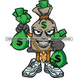 Funny Money Bag Cartoon Character Hand Holding Money Bag Design Element Smile Face Wearing Hustle Chain SVG JPG PNG Vector Clipart Cricut Silhouette Cut Cutting