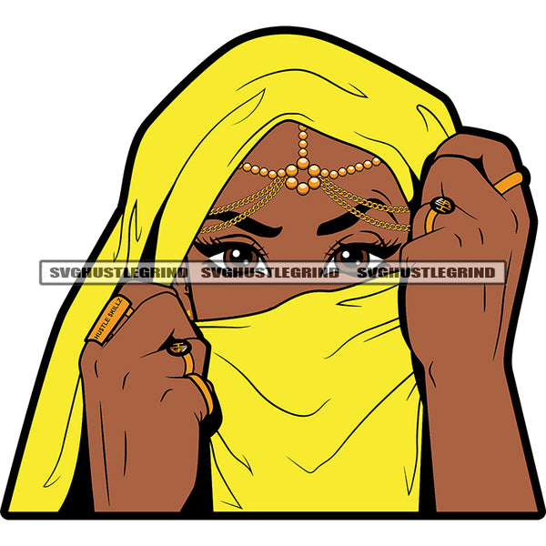 African American Woman Hide Face On Her Cloth Design Element Indian Style Afro Woman Wearing Finger Ring White Background SVG JPG PNG Vector Clipart Cricut Silhouette Cut Cutting