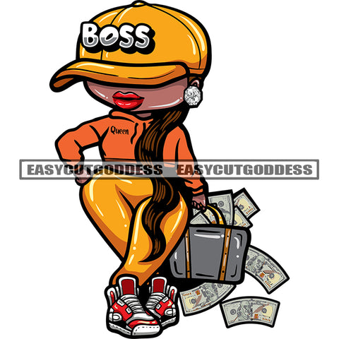 Boss Quote On Hat African American Girls Standing And Hand Holding Money Bag Money Dripping Design Element SVG JPG PNG Vector Clipart Cricut Silhouette Cut Cutting