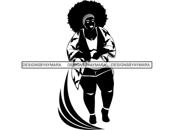 Silhouette Of Thick Woman Big Afro And Jacket SVG JPG PNG Vector Clipart Cricut Silhouette Cut Cutting