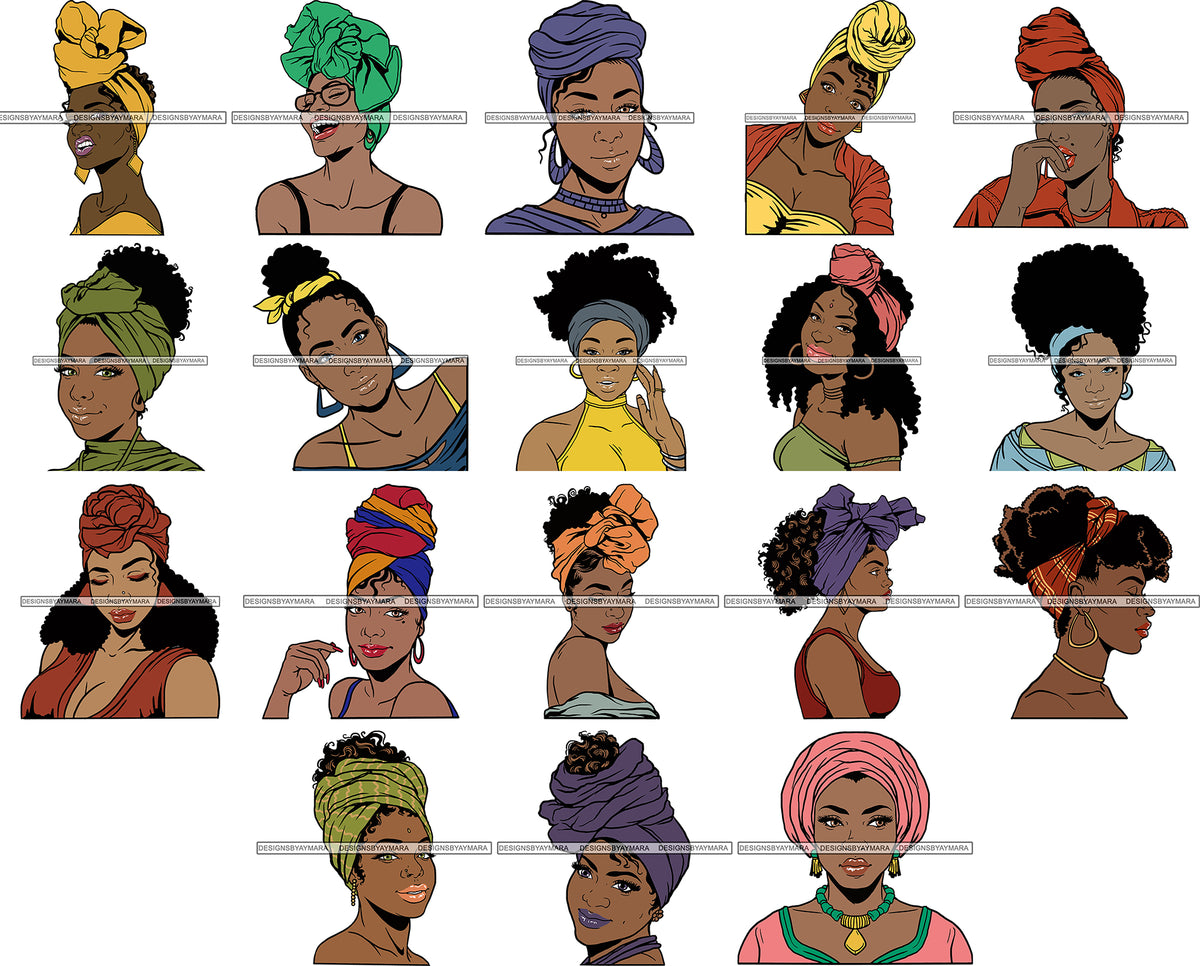 Bundle 18 Afro Woman SVG Turban Head Wrap Cutting Files For Silhouette ...