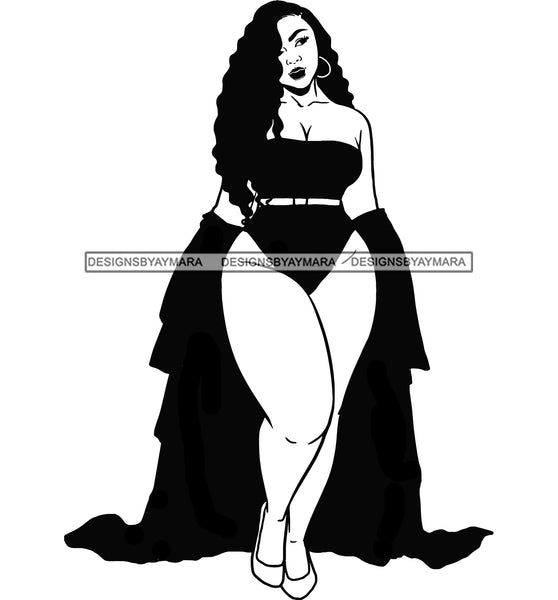 Afro Sexy Babe Curvy Bodacious Long Curly Hair B/W SVG JPG PNG Vector Clipart Cricut Silhouette Cut Cutting